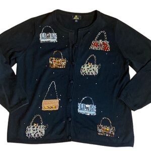Vintage The Quacker Factory Beaded Purse Cardigan black beads/sequins Sz M